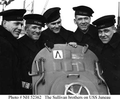 The five Sullivan Brothers. On board USS Juneau (CL-52) at the time of her commissioning ceremonies at the New York Navy Yard, February 14, 1942. All were lost with the ship following the November 13, 1942 Naval Battle of Guadalcanal. The brothers are (from left to right): Joseph, Francis, Albert, Madison and George Sullivan.