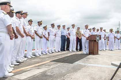 PEARL HARBOR (June 28, 2018) Vice Adm. John D. Alexander, commander of U.S. 3rd Fleet, and multi-national participants, answer questions about the 2018 Rim of the Pacific (RIMPAC) exercise during a press conference on Joint Base Pearl Harbor-Hickam. Twenty-five nations, with more than 45 ships and submarines, about 200 aircraft and 25,000 people are participating in RIMPAC from June 27 to Aug. 2 in and around the Hawaiian Islands and Southern California. The world's largest international maritime exercise, RIMPAC provides a unique training opportunity while fostering and sustaining cooperative relationships among participants critical to ensuring the safety of sea lanes and security of the world's oceans. RIMPAC 2018 is the 26th exercise in the series that began in 1971. U.S. Navy photo by MC2 Daniel James Lanari.