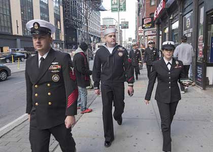 BOSTON (April 11, 2019) During Navy Recruiting Commands' Boston Surge evolution, recruiters take to the streets of Boston to talk about opportunities in the Navy and spread Navy awareness. U.S. Navy photo by MC2 Kyle Hafer.