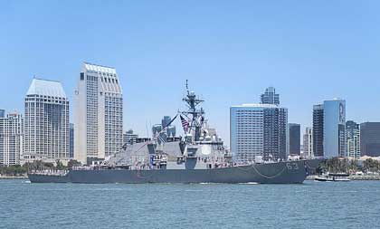 SAN DIEGO (July 18, 2019) The guided-missile destroyer USS Stethem (DDG 63) arrived at its new homeport, Naval Base San Diego, July 18, following 14 years of forward-deployed service in the Indo-Pacific region operating from Japan. While in San Diego, Stethem will undergo a planned maintenance and modernization period. U.S. Navy photo by Nicholas A. Groesch.