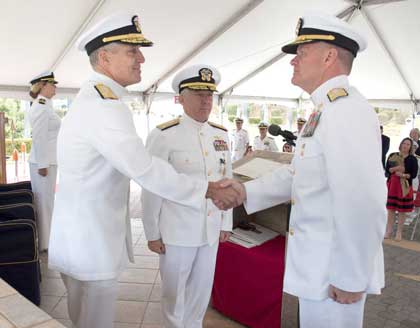 SAN DIEGO (June 3, 2021) Adm. Samuel J. Paparo, commander, U.S. Pacific Fleet, congratulates Vice Adm. Stephen T. Koehler upon assuming command of U.S. 3rd Fleet during a change of command ceremony on Naval Base Point Loma, June 3. Koehler relieved Vice Adm. Scott D. Conn, center, as commander, U.S. 3rd Fleet. U.S. Navy photo by MC3 Timothy Heaps.
