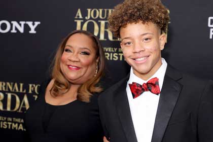 Dana Canedy and son, Jordan King, attend the world premiere of "A Journal For Jordan" in New York City, Dec. 9, 2021.