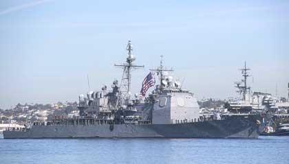SAN DIEGO (Feb. 14, 2022) Ticonderoga-class guided-missile cruiser USS Lake Champlain (CG 57) transits San Diego bay upon its return to homeport. Lake Champlain, part of the Carl Vinson Carrier Strike Group, returned to Naval Base San Diego, Feb. 14, following a deployment to the U.S. 3rd and 7th Fleets in support of regional stability and a free and open Indo-Pacific. U.S. Navy photo by MC1 Kelby Sanders.
