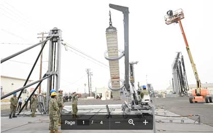 Navy Demonstrates ‘Game-Changing’ System to Rearm Warships at Sea: Sailors from the Navy Expeditionary Logistics Support Group and USS Chosin (CG 65) carefully guide a missile canister using the U.S. Navy’s Transferrable Rearming Mechanism as they demonstrate the ability to reload a Vertical Launching System cell on July 10 at Naval Surface Warfare Center, Port Hueneme Division’s Underway Replenishment Test Facility. U.S. Navy photo by Dana Rene White.