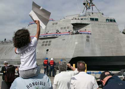 Families and friends welcome the Independence-variant littoral combat ship USS Cincinnati (LCS 20) as it returns to its homeport of Naval Base San Diego, March 4, 2026. The Cincinnati returned to its homeport of San Diego after eight months of sustained operations in the U.S. 3rd and 7th Fleet areas of operations. Littoral combat ships are fast, optimally manned, mission-tailored surface combatants that operate in near-shore and open-ocean environments, winning against 21st-century threats. LCSs integrate with joint, combined, manned, and unmanned teams to support forward presence, maritime security, sea control, and deterrence missions around the globe. U.S. Navy photo by MC1 Josh Cot&eacute;.